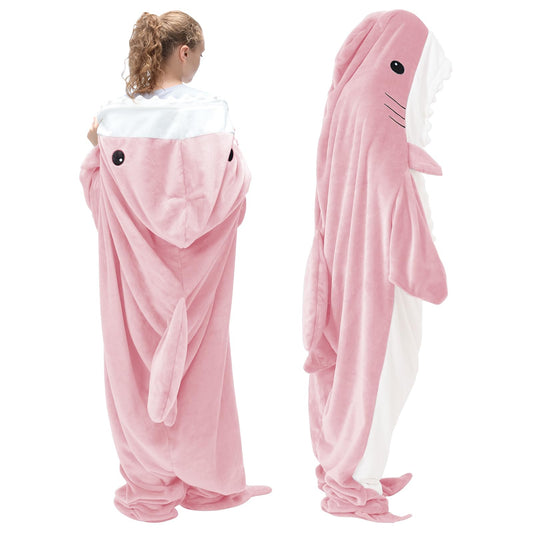 Touchat Shark Blanket Hoodie Onesie, Wearable Blanket Hoodie Adult, Warm Flannel Throw Blanket Shark Tail Sleeping Bag, Cartoon Costume Shark Onesie Funny Gifts for Adults (Pink,M)