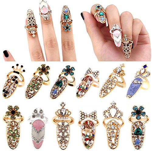 12pcs Women Fashion Bowknot Nail Ring Charm Crown Flower Crystal Finger Nail Rings