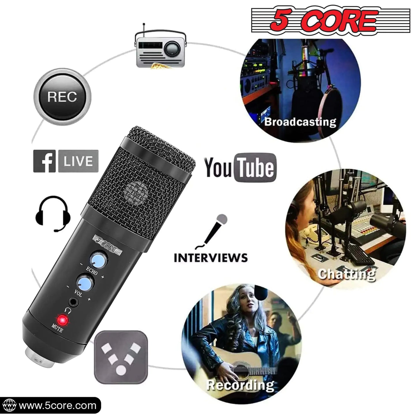 5 Core Podcast Microphone Bundle USB Condenser PC Mic Recording Studio Equipment Gaming Streaming