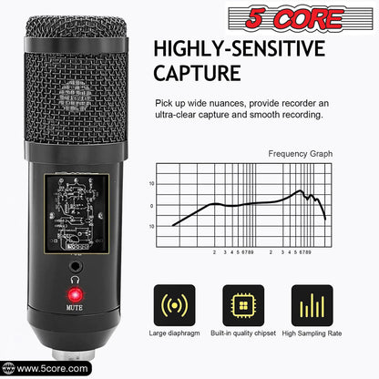 5 Core Podcast Microphone Bundle USB Condenser PC Mic Recording Studio Equipment Gaming Streaming